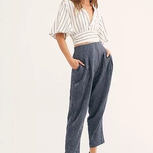 Free People Navy Pinstripe Cropped High-Rise Pants